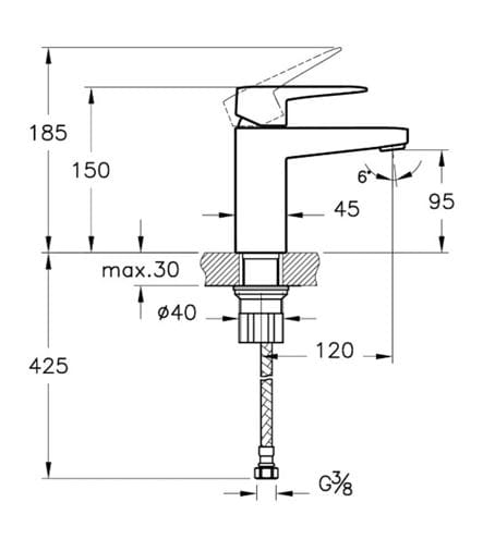 VITRA ROOT SQUARE umývadlová stojanková batéria, kartáčovaný nikel A4273234EXP Technický nákres