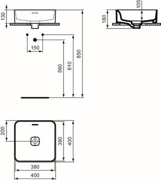 IDEAL STANDARD STRADA II umývadlo na dosku 40 cm, s prepadom T296301 Technický nákres