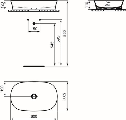 IDEAL STANDARD IPALYSS umývadlová misa 60 cm, bez prepadu, nude E1396V7 Technický nákres