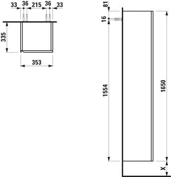 LAUFEN MEDA vysoká skrinka 35,5x33,5x165 cm, 1 dvierka, pánty vpravo, divoký dub H4216520112671 Technický nákres