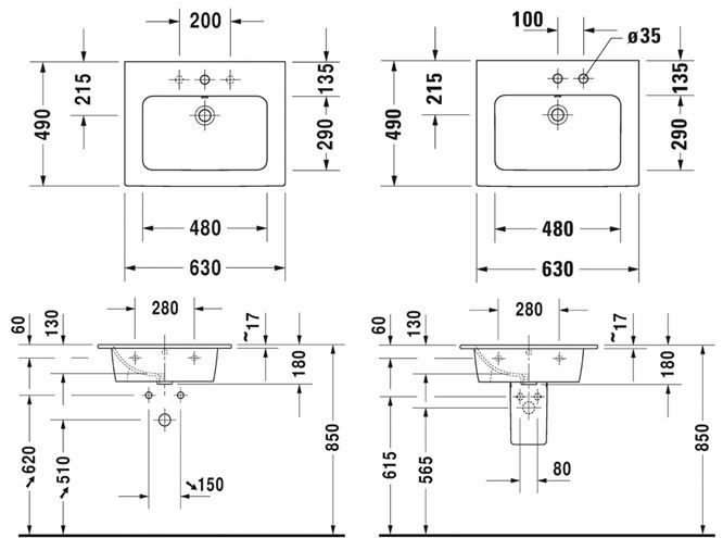 DURAVIT ME BY STARCK umývadlo 63 cm, s otvorom pre batériu a prepadom 2336630000 Technický nákres