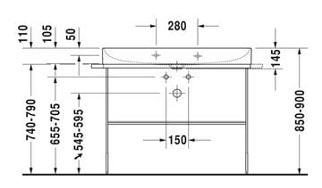 DURAVIT DURASQUARE kovový podstavec 1063x451x740-790 mm, pre umývadlo, chróm 0031031000 Technický nákres