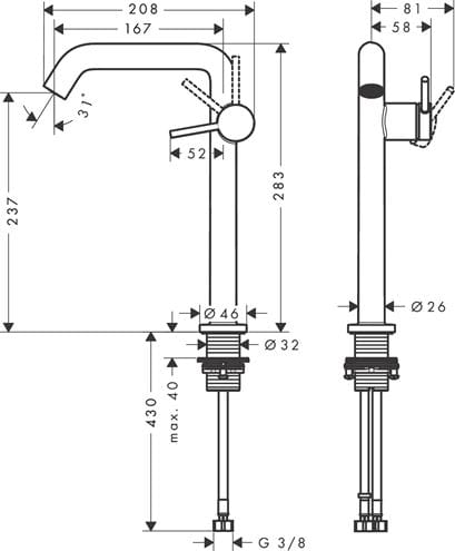 HANSGROHE TECTURIS S umývadlová stojanková batéria 240 Fine, s odtokovou súpravou, CoolStart, EcoSmart+, kartáčovaný bronz 73370140 Technický nákres