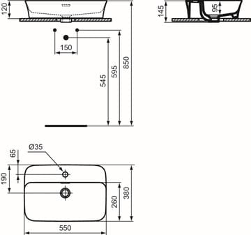 IDEAL STANDARD IPALYSS umývadlo na dosku 55 cm, s prepadom, black matt E2077V3 Technický nákres