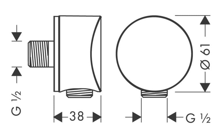 HANSGROHE FIXFIT S prípojka hadice 61 mm so spätným ventilom 1/2"x1/2", chróm 26453000 Technický nákres