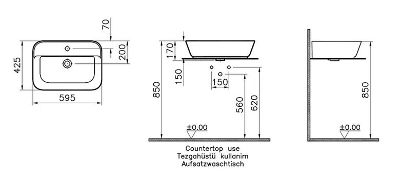 VITRA GEO umývadlo na dosku 59,5 cm, s otvorom pre batériu a prepadom, VitrAhygiene, matná šedá 7426B020-0001 Technický nákres