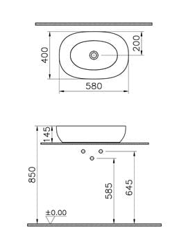 VITRA OUTLINE umývadlová misa 58 cm, bez prepadu, VitrAhygiene, matná šedá 5995B476-0016 Technický nákres