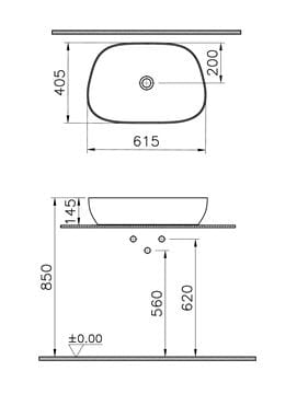 VITRA OUTLINE umývadlová misa 61,5 cm, bez prepadu, VitrAhygiene, matná béžová 5993B420-0016 Technický nákres