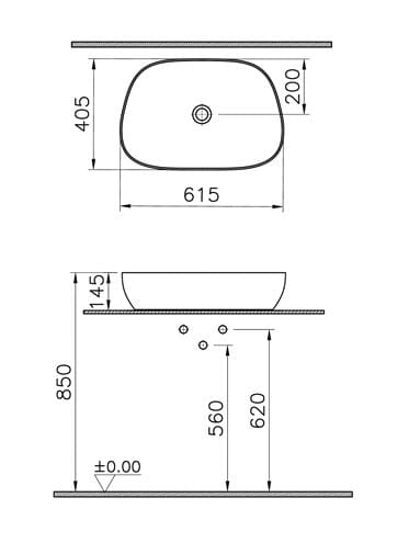 VITRA OUTLINE umývadlová misa 61,5 cm, bez prepadu, VitrAhygiene, matná béžová 5993B420-0016 Technický nákres
