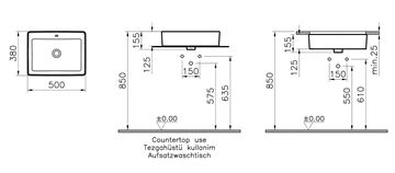 VITRA NUO umývadlo na dosku 50 cm, s prepadom 7436B003-0012 Technický nákres