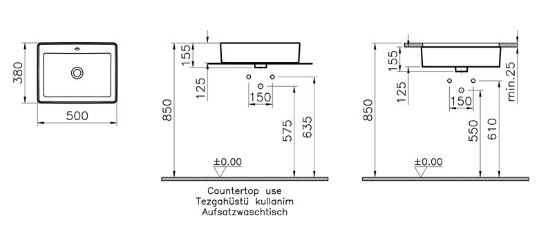 VITRA NUO umývadlo na dosku 50 cm, s prepadom 7436B003-0012 Technický nákres