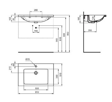 IDEAL STANDARD I.LIFE B umývadlo 81 cm, s otvorom pre batériu a prepadom, lesklá šedá T460458 Technický nákres