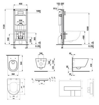 LAUFEN FIORA závesné WC s montážnym prvkom Laufen Ineo CW102, Rimless splachovanie, SoftClose sedátko, chrómové tlačidlo PT2.LADF-RSC.CR.6 Technický nákres