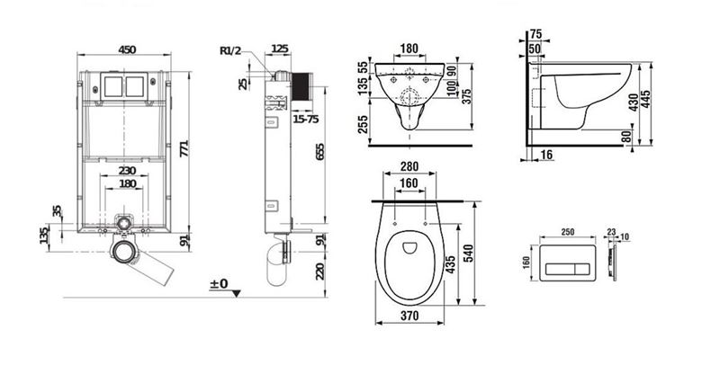 JIKA ENIGMA závesné WC s montážnym prvkom Jika Basic, sedátko, biele tlačidlo PT1.JIKF-KK.W.21 Technický nákres