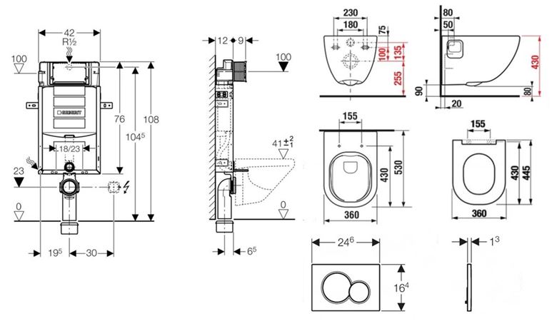 JIKA MIO-N závesné WC s montážnym prvkom KOMBIFIX, Rimless splachovanie, sedátko, biele tlačidlo PT2.GEKF-KK.W.30 Technický nákres