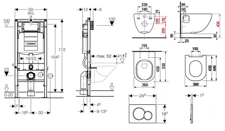JIKA MIO-N závesné WC s montážnym prvkom DUOFIX, Rimless splachovanie, sedátko, biele tlačidlo PT2.GEDF-KK.W.32 Technický nákres
