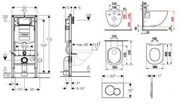 JIKA MIO-N závesné WC s montážnym prvkom DUOFIX, Rimless splachovanie, sedátko, biele tlačidlo PT2.GEDF-KK.W.32 Technický nákres