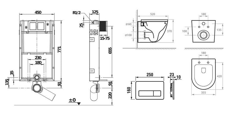 BASIC PRE závesné WC s montážnym prvkom Jika Basic, Tornado Flush splachovanie, SoftClose sedátko, biele tlačidlo PT1.JIKF-SC.W.42 Technický nákres