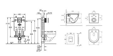 BASIC PRE závesné WC s montážnym prvkom Grohe Uniset, Tornado Flush splachovanie, SoftClose sedátko, chrómové tlačidlo PT1.GRKF-RSC.CR.1 Technický nákres
