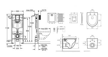 BASIC PRE závesné WC s montážnym prvkom Grohe Rapid SL, Tornado Flush splachovanie, SoftClose sedátko, chrómové tlačidlo PT1.GRDF-RSC.CR.2 Technický nákres