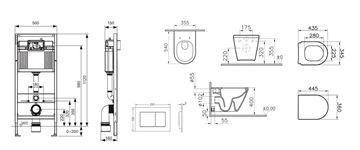 VITRA INTEGRA závesné WC s montážnym prvkom TECEbase, Rim-ex splachovanie, SoftClose sedátko, biele tlačidlo  PT2.TEDF-RSC.W.35 Technický nákres