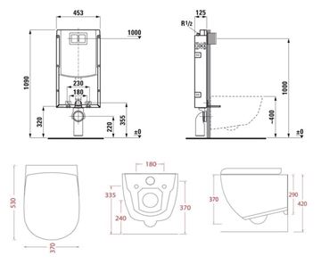 ARTCERAM FILE 2.0 závesné WC s montážnym prvkom Laufen Ineo TW102, Rimless splachovanie, SoftClose sedátko, čierne tlačidlo PT3.LAKF-RSC.B.40 Technický nákres