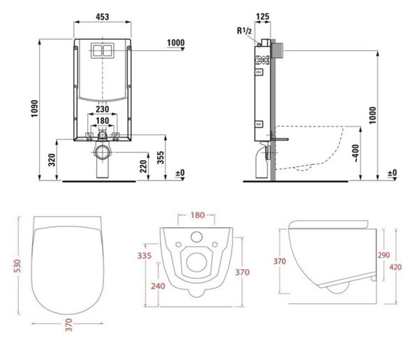 ARTCERAM FILE 2.0 závesné WC s montážnym prvkom Laufen Ineo TW102, Rimless splachovanie, SoftClose sedátko, čierne tlačidlo PT3.LAKF-RSC.B.40 Technický nákres