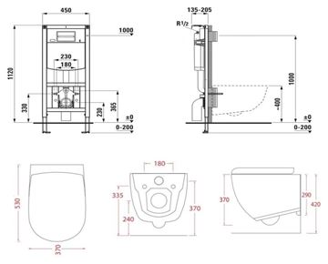 ARTCERAM FILE 2.0 závesné WC s montážnym prvkom Laufen Ineo TW102, Rimless splachovanie, SoftClose sedátko, čierne tlačidlo PT3.LADF-RSC.B.41 Technický nákres