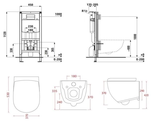 ARTCERAM FILE 2.0 závesné WC s montážnym prvkom Laufen Ineo TW102, Rimless splachovanie, SoftClose sedátko, čierne tlačidlo PT3.LADF-RSC.B.41 Technický nákres