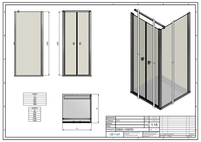 CONCEPT 200 CONT2 bočná stena 120x200 cm, aluchróm/číre sklo CONT21205007 Technický nákres