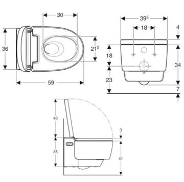 GEBERIT AQUACLEAN MERA COMFORT závesné WC s bidetovým sedátkom, SoftClosing, TurboFlush, KeraTect, biela 146.210.11.1 Technický nákres