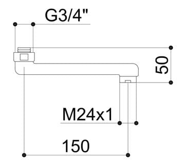 RAF výtokové ramienko 150 mm, chróm RP150 Technický nákres
