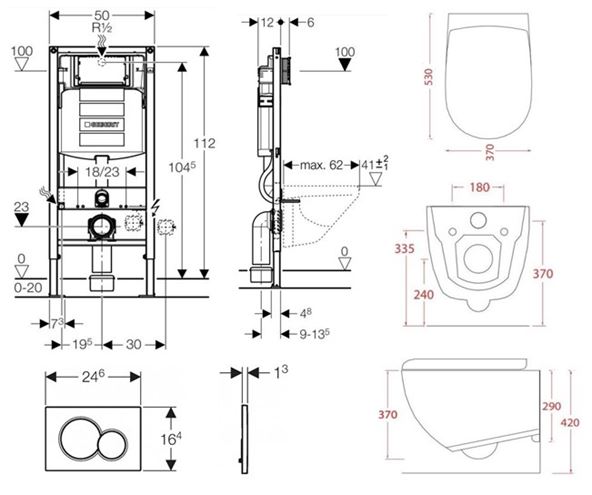 ARTCERAM FILE 2.0 závesné WC s montážnym prvkom Concept Duofix, Rimless splachovanie, SoftClose sedátko, biele tlačidlo PT2.GEDF-RSC.W.10 Technický nákres