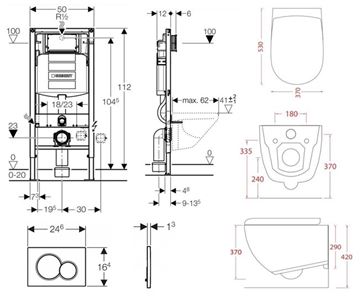 ARTCERAM FILE 2.0 závesné WC s montážnym prvkom Concept Duofix, Rimless splachovanie, SoftClose sedátko, biele tlačidlo PT2.GEDF-RSC.W.10 Technický nákres