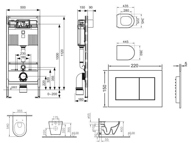 VITRA INTEGRA závesné WC s montážnym prvkom TECEprofil, Rim-ex splachovanie, SoftClose sedátko, chrómové tlačidlo SET VITRA+TECE SDK Technický nákres