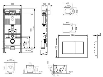 VITRA INTEGRA závesné WC s montážnym prvkom TECEprofil, Rim-ex splachovanie, SoftClose sedátko, chrómové tlačidlo SET VITRA+TECE SDK Technický nákres
