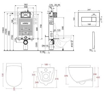 ARTCERAM FILE 2.0 závesné WC s montážnym prvkom Easy Renovmodul, Rimless splachovanie, SoftClose sedátko, čierne tlačidlo PT3.ALKF-RSC.B.13 Technický nákres