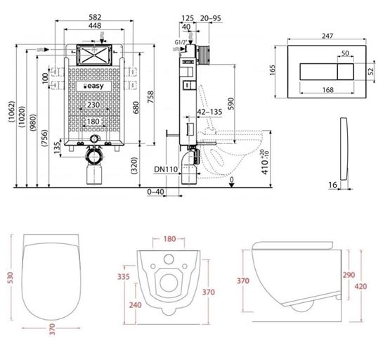 ARTCERAM FILE 2.0 závesné WC s montážnym prvkom Easy Renovmodul, Rimless splachovanie, SoftClose sedátko, čierne tlačidlo PT3.ALKF-RSC.B.13 Technický nákres