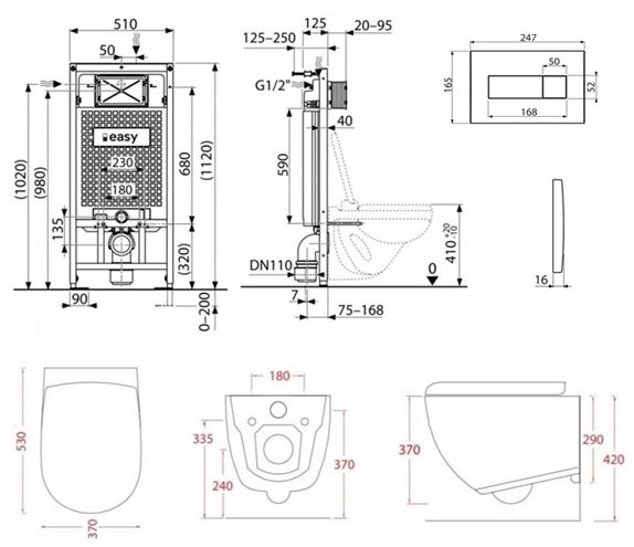 ARTCERAM FILE 2.0 závesné WC s montážnym prvkom Easy Sadromodul, Rimless splachovanie, SoftClose sedátko, čierne tlačidlo PT3.ALDF-RSC.B.14 Technický nákres