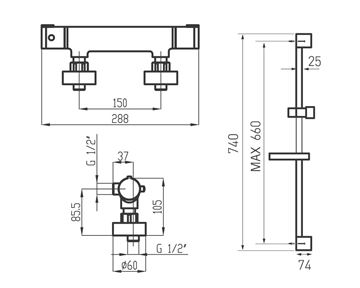 NOVASERVIS METALIA 54 sprchový set s termostatickou batériou, ručná sprcha s 3 prúdmi, tyč, hadica, ECO, chróm 54960KIT,0 Technický nákres