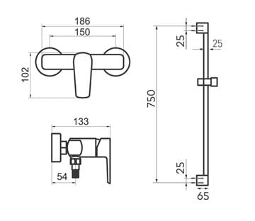 NOVASERVIS METALIA 58 sprchový set s batériou, ručná sprcha s 3 prúdmi, tyč, hadica, ECO, matná čierna  58061KIT,5 Technický nákres