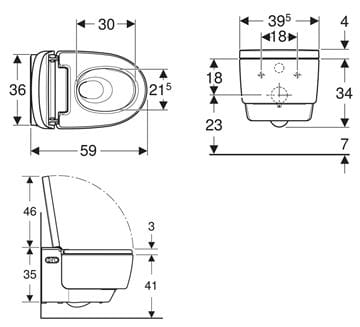 GEBERIT AQUACLEAN MERA COMFORT závesné WC s bidetovým sedátkom, SoftClosing, TurboFlush, KeraTect, biela/chróm 146.210.21.1 Technický nákres