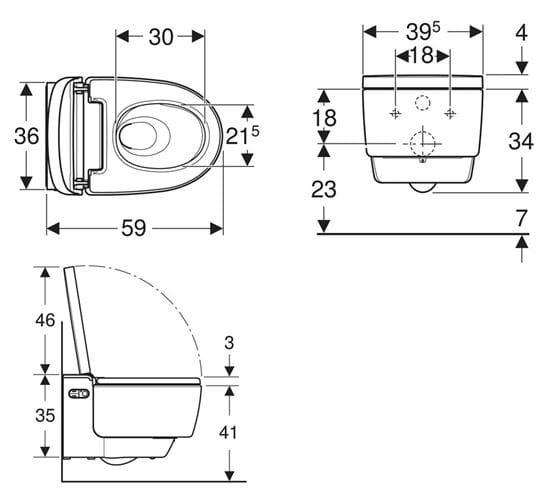GEBERIT AQUACLEAN MERA COMFORT závesné WC s bidetovým sedátkom, SoftClosing, TurboFlush, KeraTect, biela/chróm 146.210.21.1 Technický nákres
