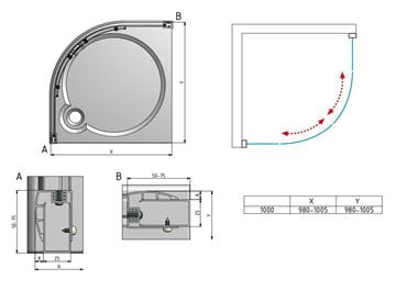 ROTH PROXIMA LINE PXR2N/1000 sprchovací kút 100x100 cm, R550, posuvné dvere, brillant/sklo satinato 531-100R55N-00-15 Technický nákres