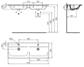 IDEAL STANDARD CONNECT AIR dvojumývadlo 124 cm, s 2 otvormi pre batérie a prepadom E027301 Technický nákres