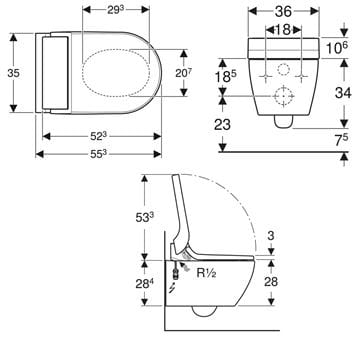 GEBERIT AQUACLEAN TUMA COMFORT závesné WC s bidetovým sedadlom, SoftOpening, Rimless, KeraTect, biela/biele sklo 146.290.SI.1 Technický nákres