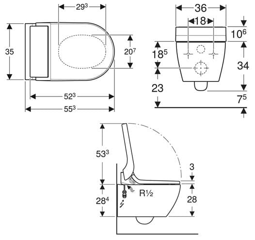 GEBERIT AQUACLEAN TUMA COMFORT závesné WC s bidetovým sedadlom, SoftOpening, Rimless, KeraTect, biela/biele sklo 146.290.SI.1 Technický nákres
