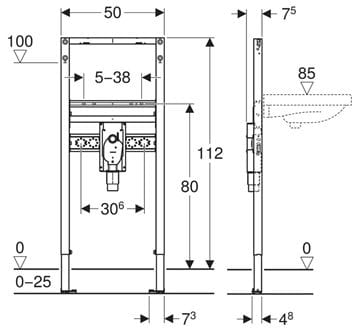 GEBERIT DUOFIX montážny prvok pre umývadlo a batériu 112 cm, so sifónom 111.480.00.2 Technický nákres