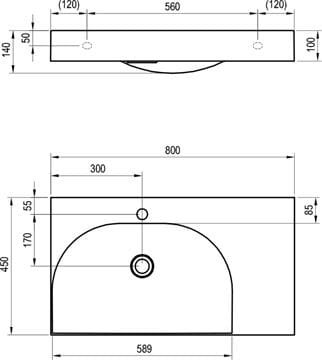 RAVAK LITE umývadlo 80 cm, s otvorom pre batériu vľavo, bez prepadu, liaty mramor XJXP1280001 Technický nákres