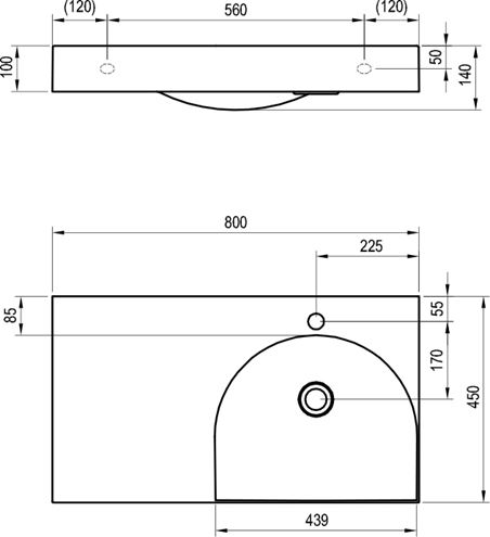 RAVAK LITE umývadlo 80 cm, s otvorom pre batériu vpravo, bez prepadu, liaty mramor XJXL1280000 Technický nákres